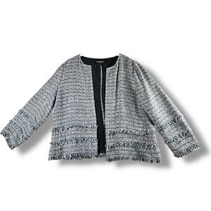Lafayette 148 New York Blue Tweed Fringe Trim Jacket Size XL Open Front